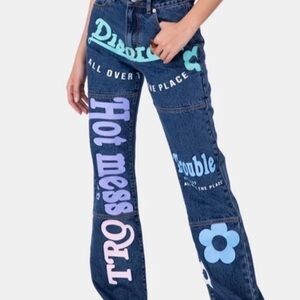 Adika Painted Denim Flair Wide Leg Jeans dark wash size small